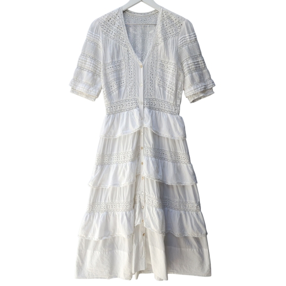 LoveShackFancy Rebecca Eyelet Lace Embroidered Tiered Button Front Midi Dress - Picture 4 of 13